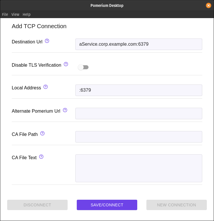 An example connection to a Redis service from Pomerium Desktop